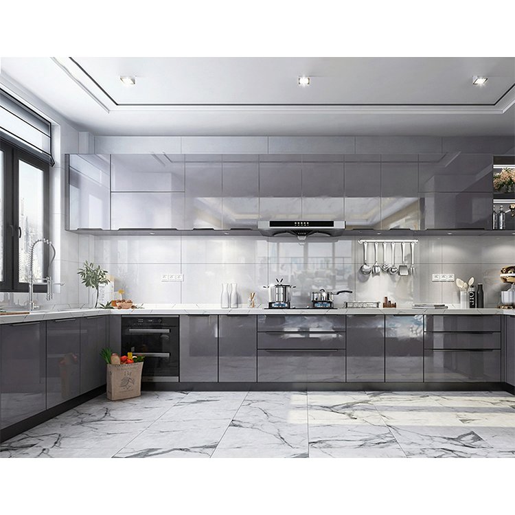 Customised new design flat pack kitchencabinet modern gray color glossy laminated plywood wood kitchen cabinet sets for project