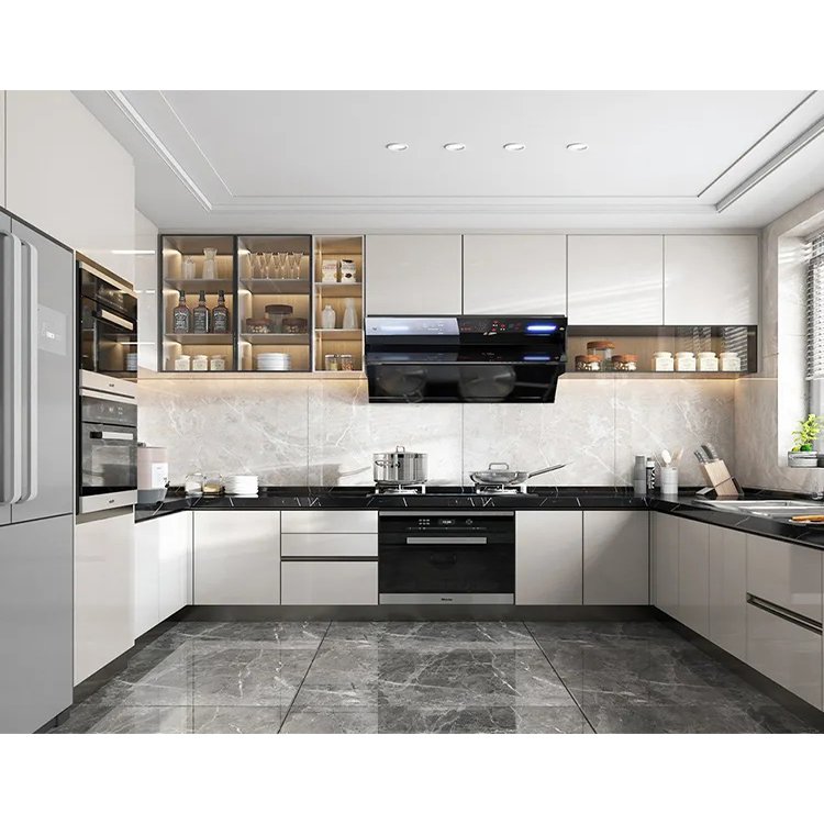 Customised new design flat pack kitchencabinet modern gray color glossy laminated plywood wood kitchen cabinet sets for project