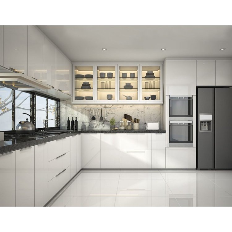 Customised new design flat pack kitchencabinet modern gray color glossy laminated plywood wood kitchen cabinet sets for project