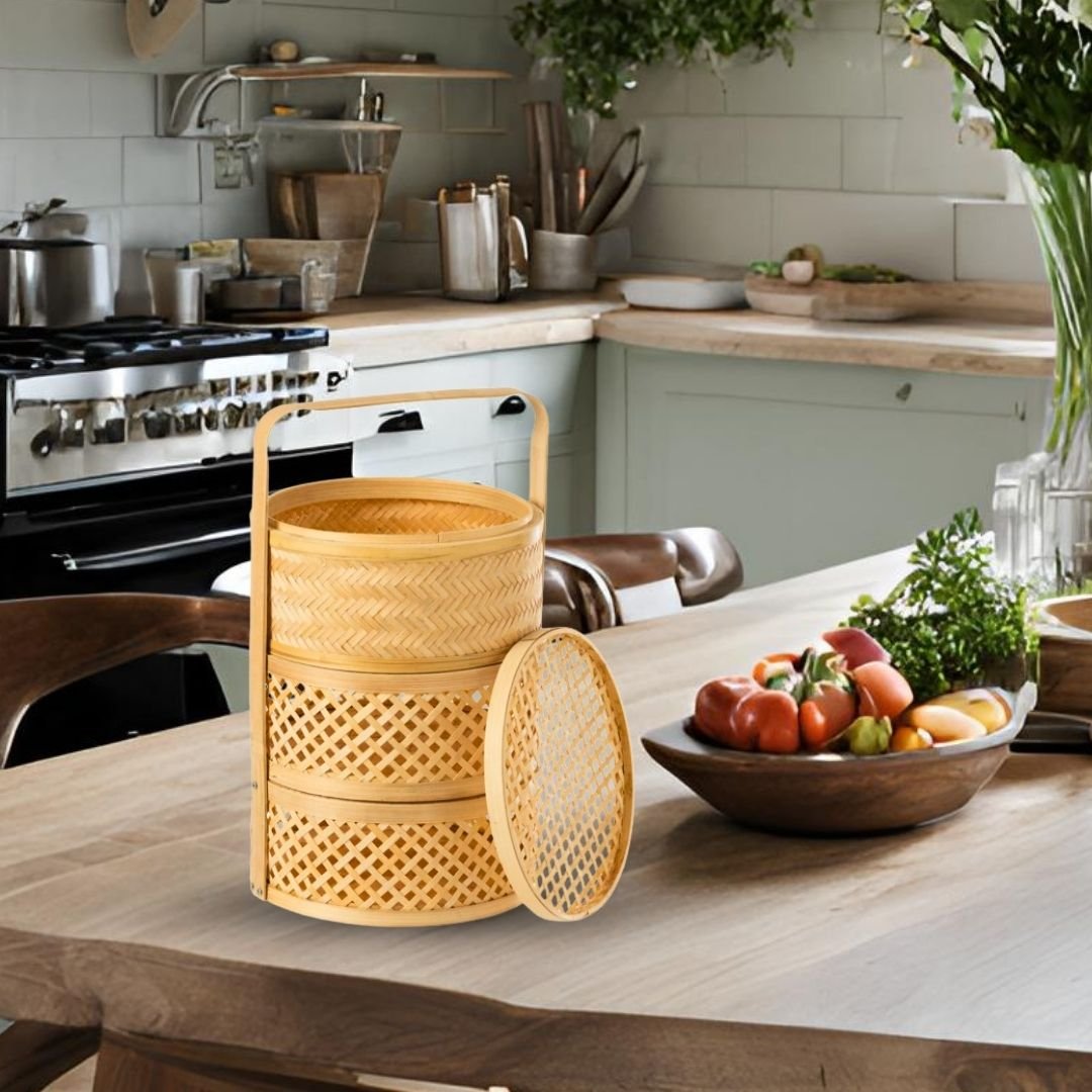 Traditional Souvenir Bamboo 3 layers Basket with Lid Steeamer Food Fruits Storage Best Idea for Restaurant and Gift Accessories