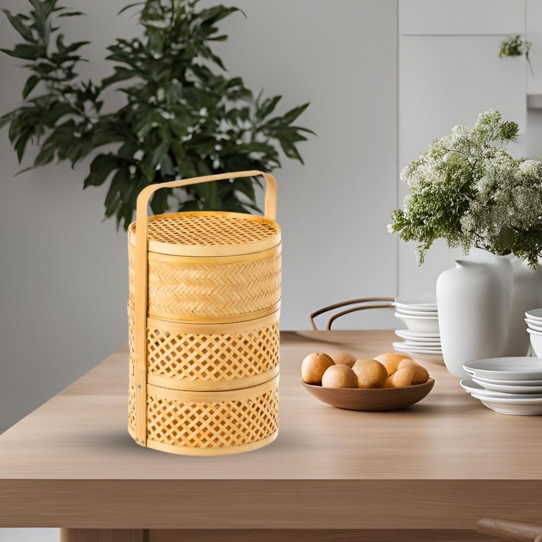 Traditional Souvenir Bamboo 3 layers Basket with Lid Steeamer Food Fruits Storage Best Idea for Restaurant and Gift Accessories
