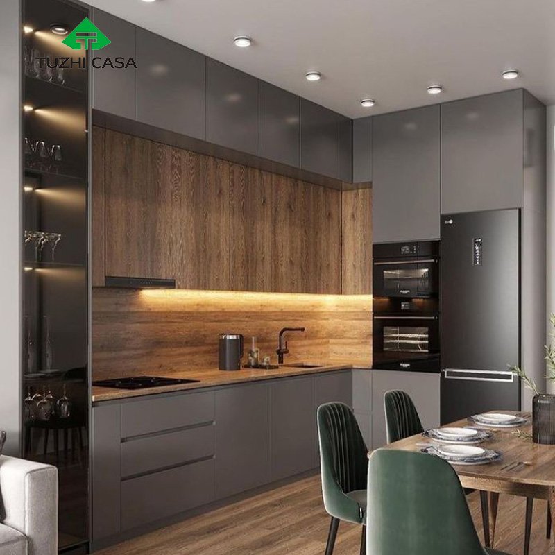 TUZHI CASA custom modern design wooden Stainless Steel glass grey cupboard inset furniture Kitchen Cabinet set with sink