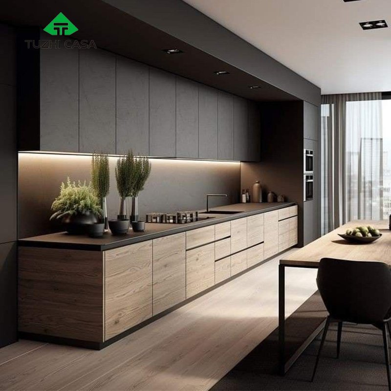 TUZHI CASA custom modern design wooden Stainless Steel glass grey cupboard inset furniture Kitchen Cabinet set with sink
