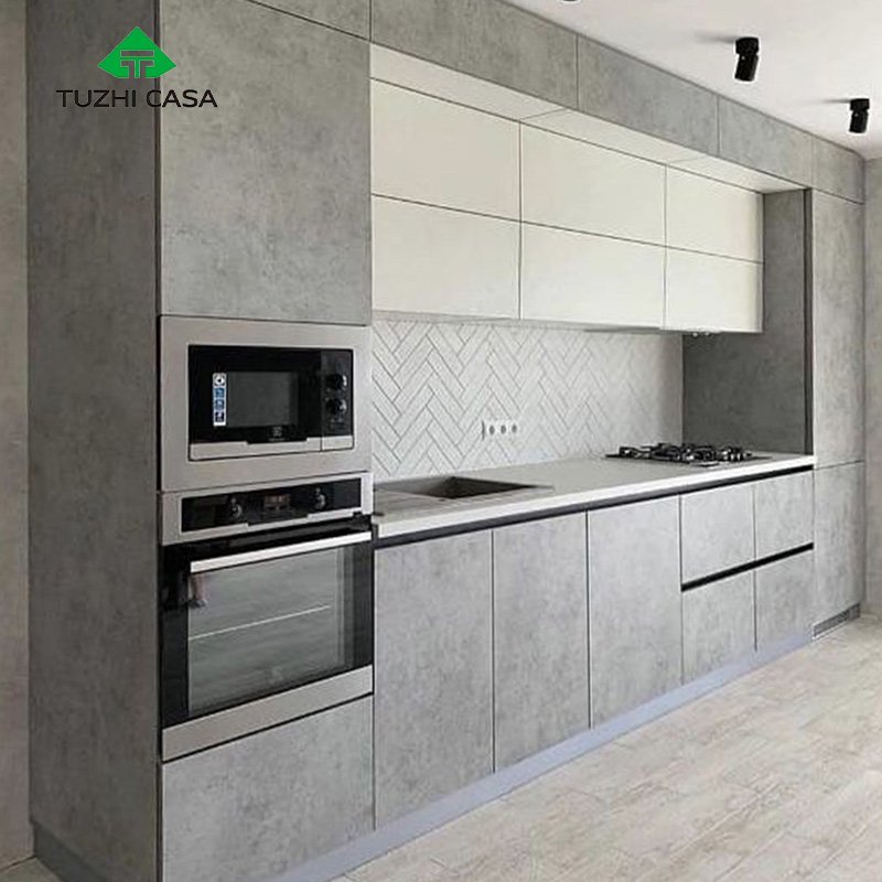 TUZHI CASA custom modern design wooden Stainless Steel glass grey cupboard inset furniture Kitchen Cabinet set with sink