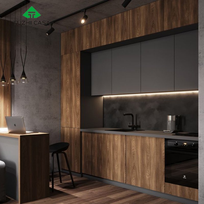 TUZHI CASA custom modern design wooden Stainless Steel glass grey cupboard inset furniture Kitchen Cabinet set with sink