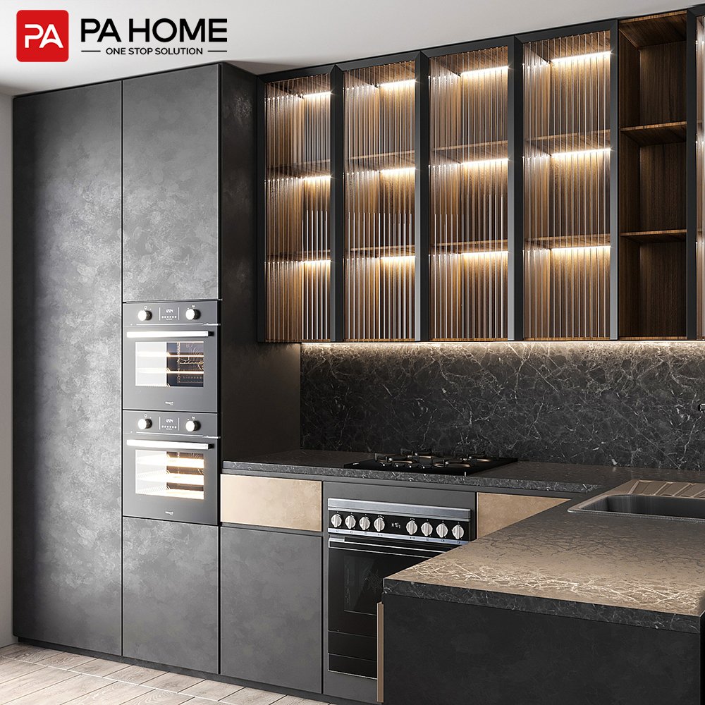 PA High Quality Modern Design Black PVC Kitchen Cupboards
