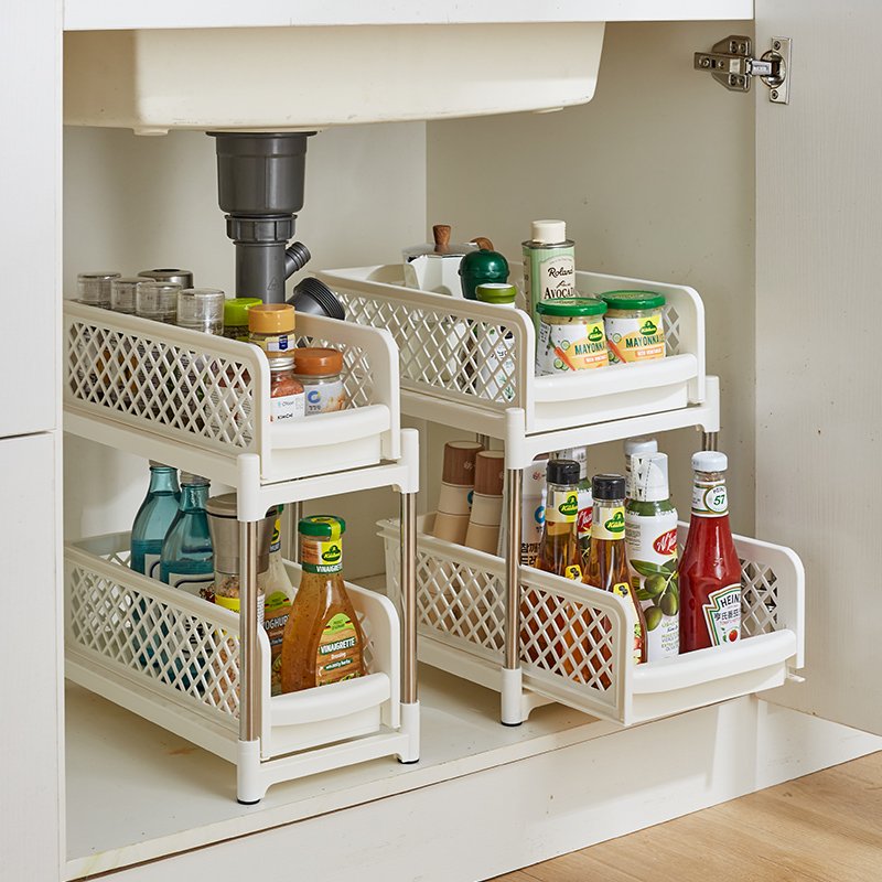Kitchen storage shelf with 2 Drawers Sliding Spice Rack Under Sink Organizer multi-function rack with darwers