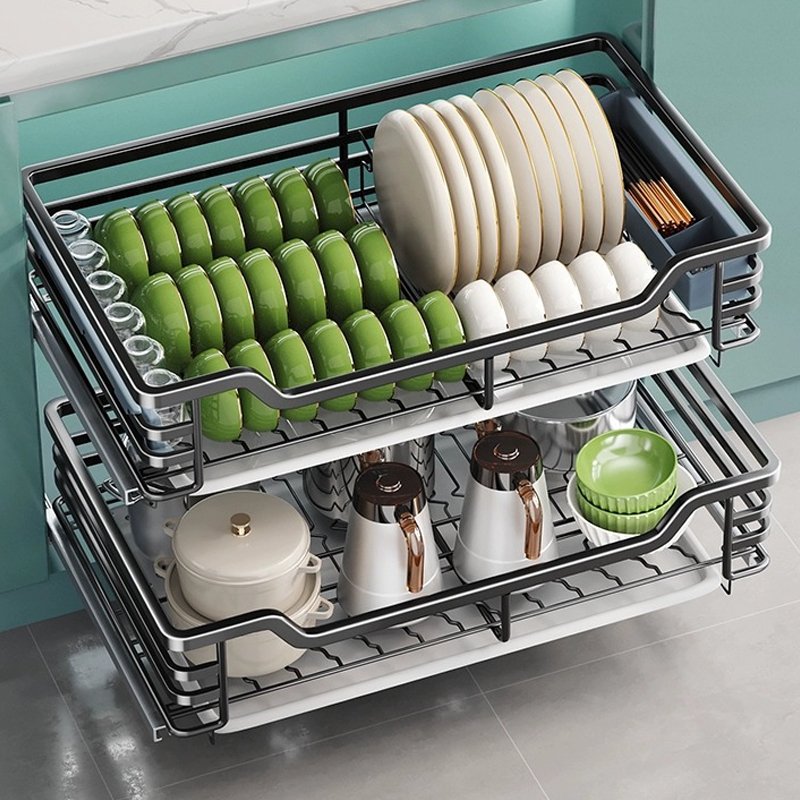Hot Selling Product Sliding Metal Chrome Kitchen Storage Basket 2 Tier Pull Out Under Kitchen Pantry Storage Cabinet Organizer