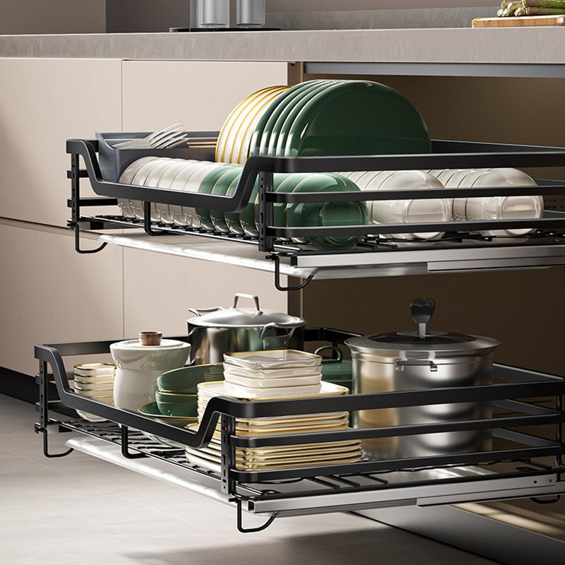 Hot Selling Product Sliding Metal Chrome Kitchen Storage Basket 2 Tier Pull Out Under Kitchen Pantry Storage Cabinet Organizer