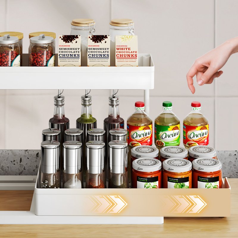 2 Tier Sliding Cabinet Basket Pull Out Organizer Kitchen Under Sink Double Cabinet With Drawer