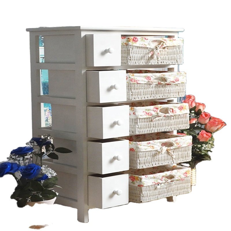 Wholesale Living Room Furniture Antique Rustic Woven Rattan Basket Storage Side Solid Wood Cabinet