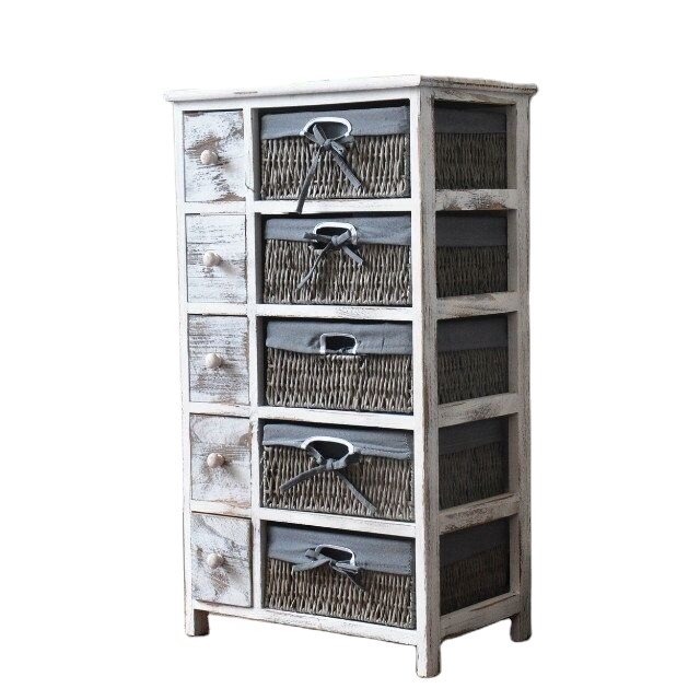Wholesale Living Room Furniture Antique Rustic Woven Rattan Basket Storage Side Solid Wood Cabinet