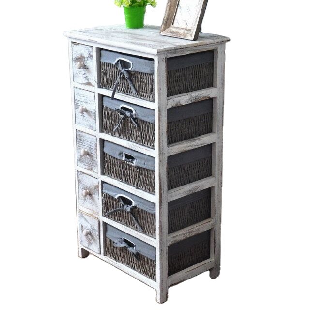 Wholesale Living Room Furniture Antique Rustic Woven Rattan Basket Storage Side Solid Wood Cabinet