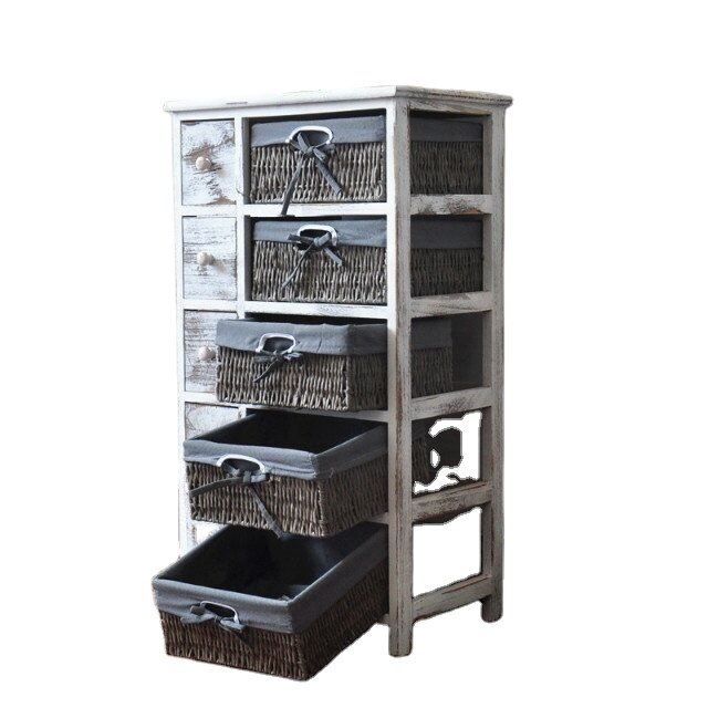 Wholesale Living Room Furniture Antique Rustic Woven Rattan Basket Storage Side Solid Wood Cabinet