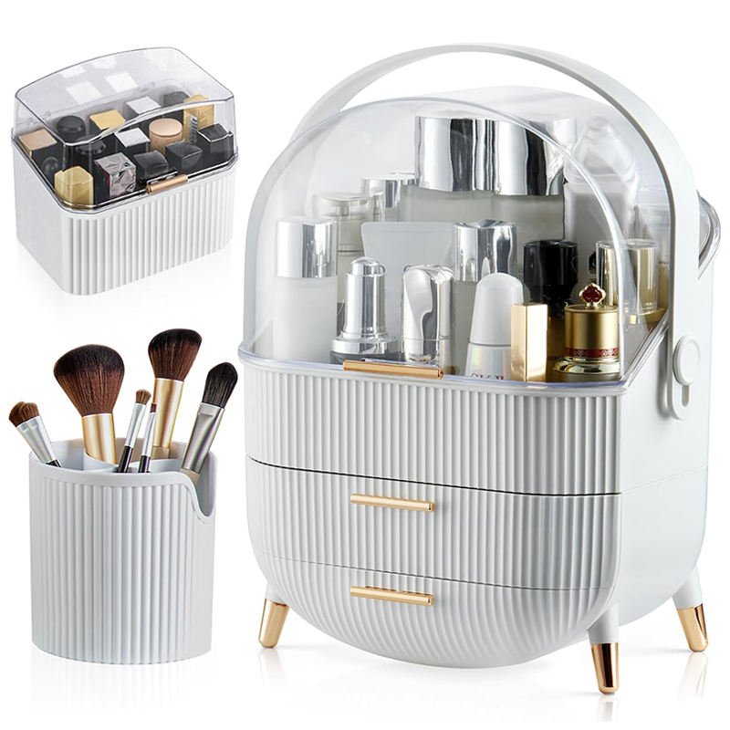 Plastic Cosmetic Storage Box Clear Cover Make Up Display Case Portable 2 Drawer Makeup Organizer With Brush Holder Lipstick Rack