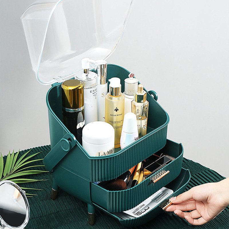 Plastic Cosmetic Storage Box Clear Cover Make Up Display Case Portable 2 Drawer Makeup Organizer With Brush Holder Lipstick Rack