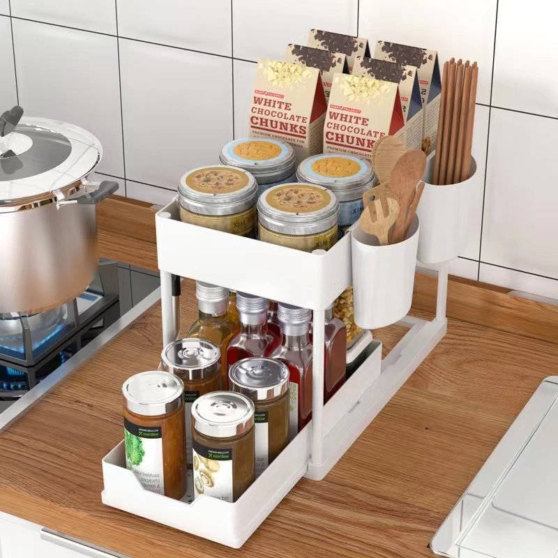 2 Tier Bathroom Shelf with Hooks Metal Pull Out Storage Basket Drawers Rack Under Sink Cabinet Shelf