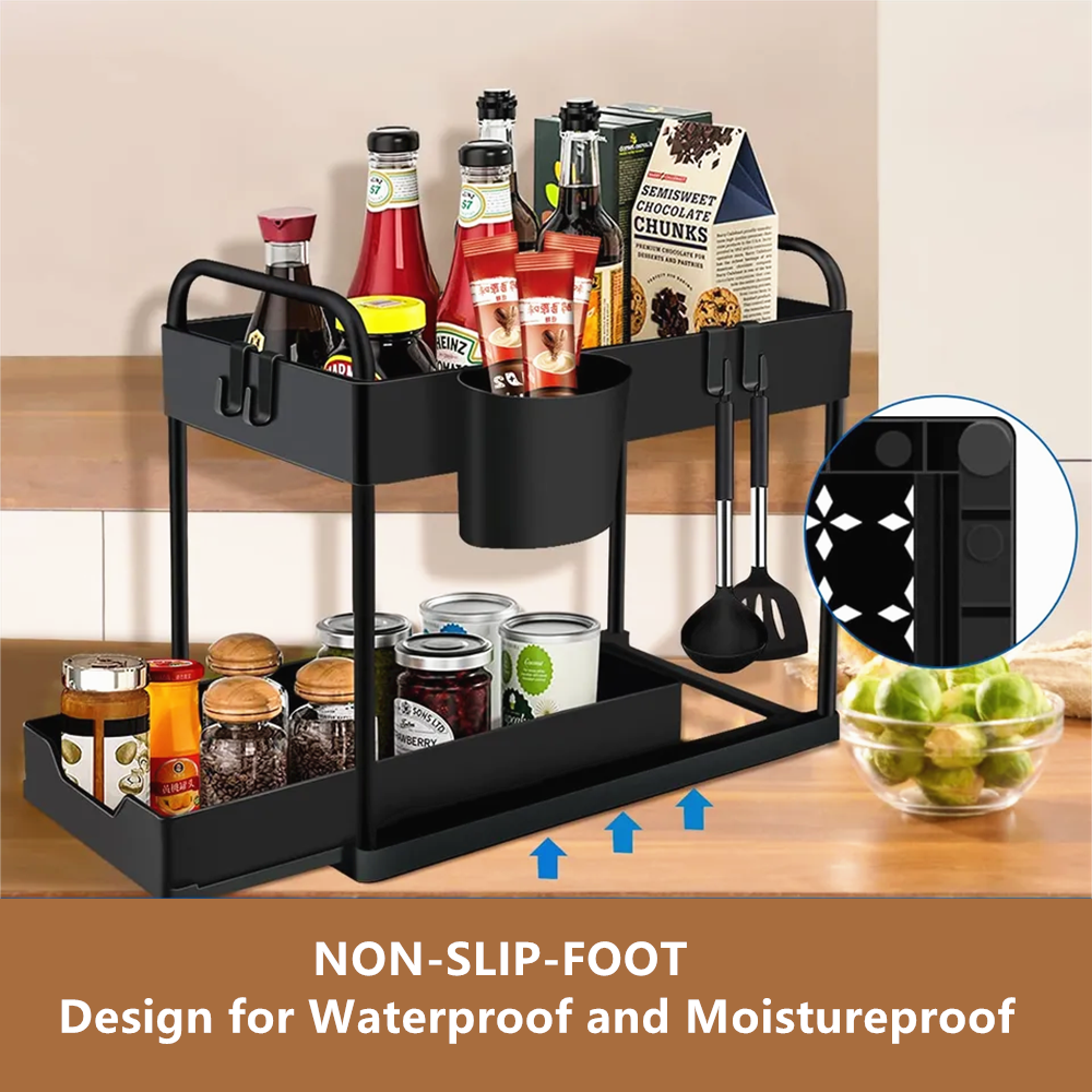 2 Tier Bathroom Shelf with Hooks Metal Pull Out Storage Basket Drawers Rack Under Sink Cabinet Shelf