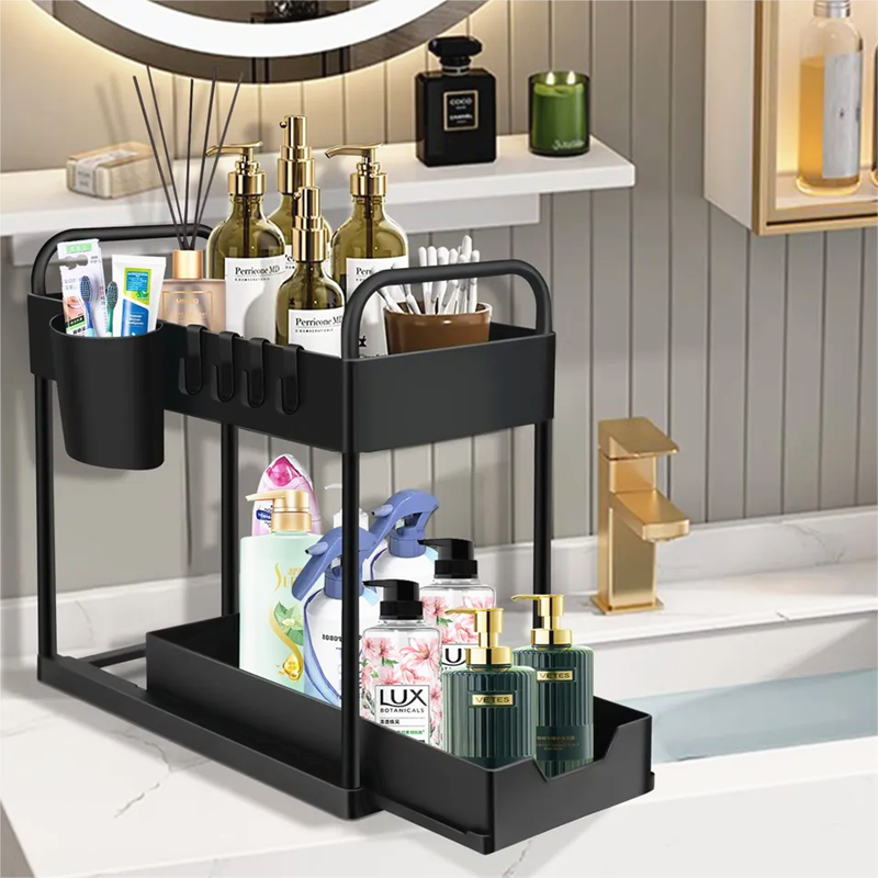 2 Tier Bathroom Shelf with Hooks Metal Pull Out Storage Basket Drawers Rack Under Sink Cabinet Shelf