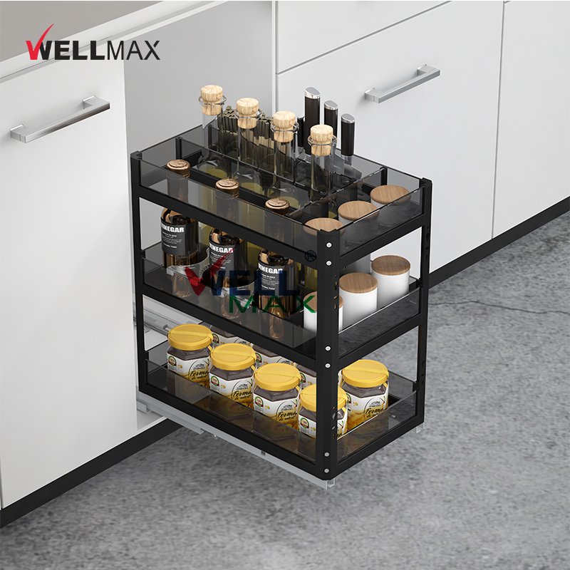WELLMAX Kitchen Stainless Steel Wire Shelf Kitchen Cabinet Pull Out Seasoning Spice Storage Basket