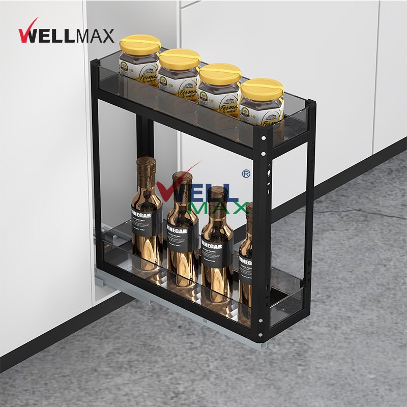 WELLMAX Kitchen Stainless Steel Wire Shelf Kitchen Cabinet Pull Out Seasoning Spice Storage Basket