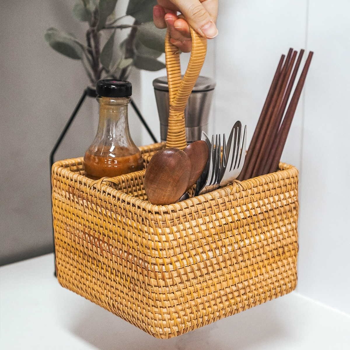 Premium Durable Rattan Cutlery Holder Baskets - Kitchen Utensil Caddy Organizer with Storage Compartments and Tray Design