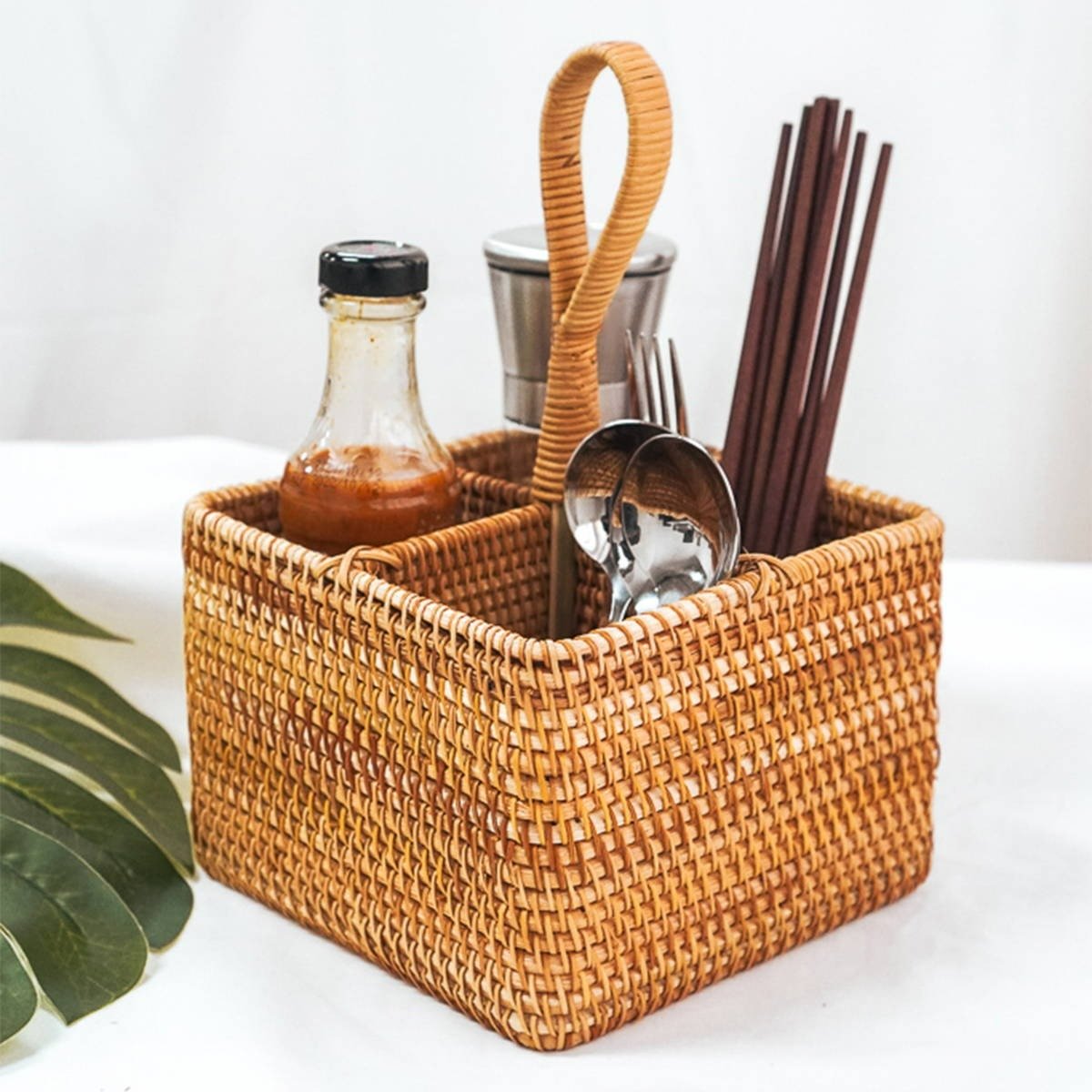 Premium Durable Rattan Cutlery Holder Baskets - Kitchen Utensil Caddy Organizer with Storage Compartments and Tray Design