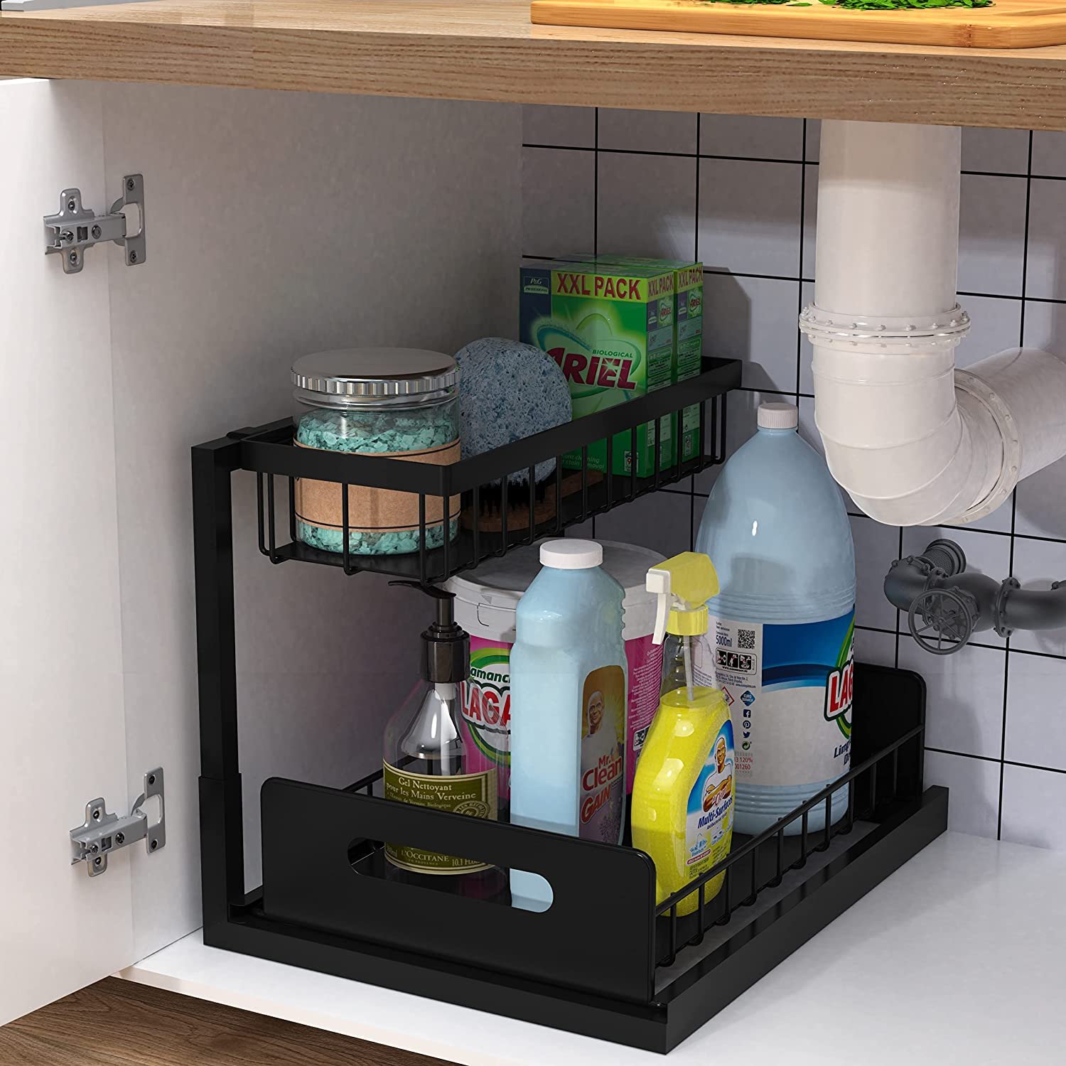 BOCHENG 2-Tier Under Bathroom Sink Organizers Bathroom Cabinet Pull Out Drawers for Kitchen Cabinets with Hooks