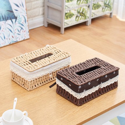 Creative handmade storage tissue box ins wind rattan car drawer simple home hotel fabric storage box