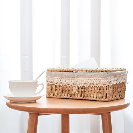 Creative handmade storage tissue box ins wind rattan car drawer simple home hotel fabric storage box
