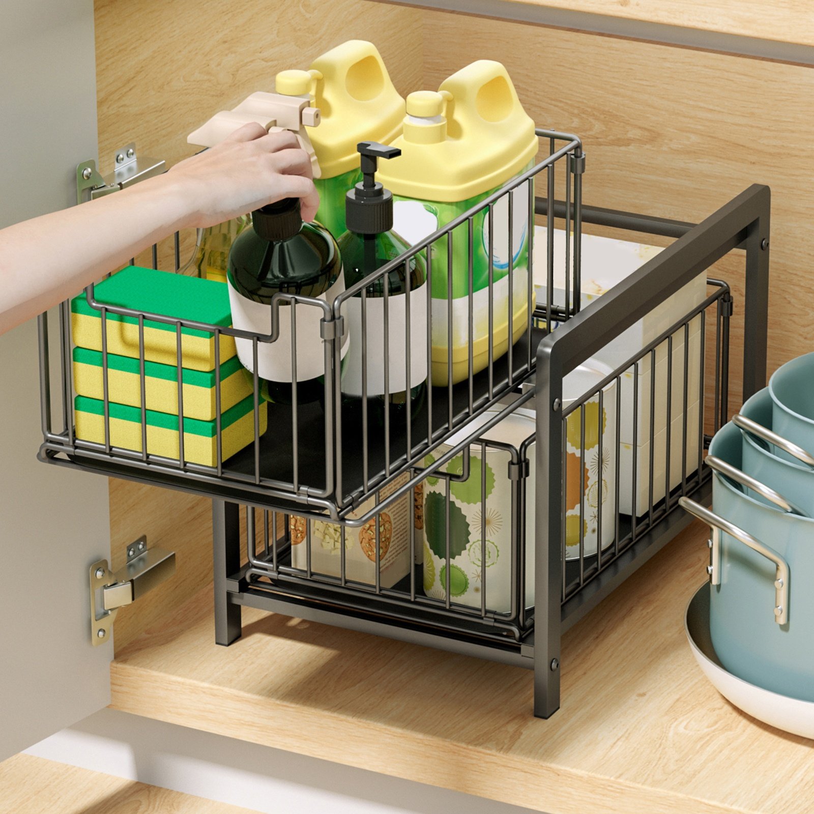 Multipurpose Kitchen Organizer Under Sink Metal Sliding Basket Drawer 2 Tier Under Cabinet Basket