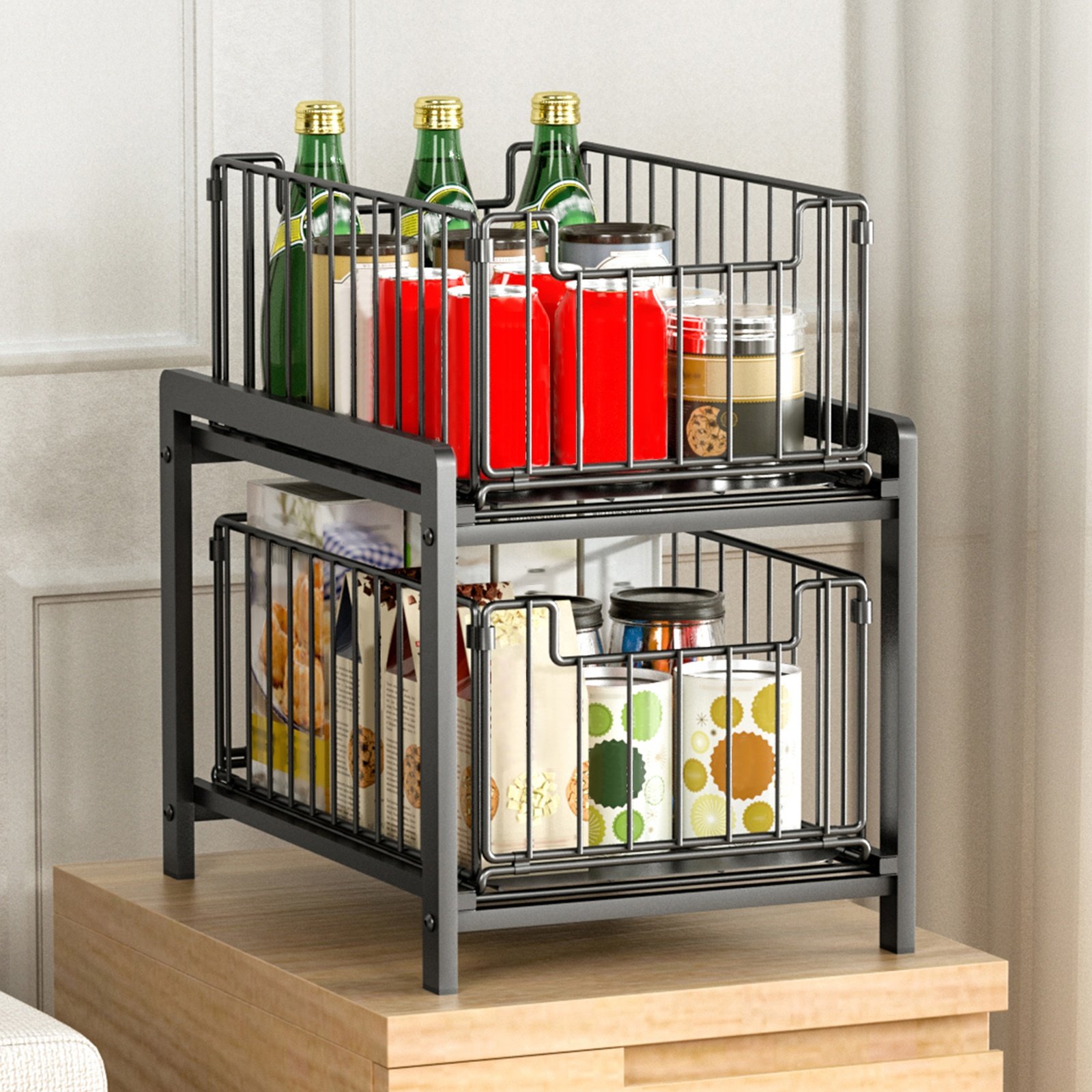 Multipurpose Kitchen Organizer Under Sink Metal Sliding Basket Drawer 2 Tier Under Cabinet Basket