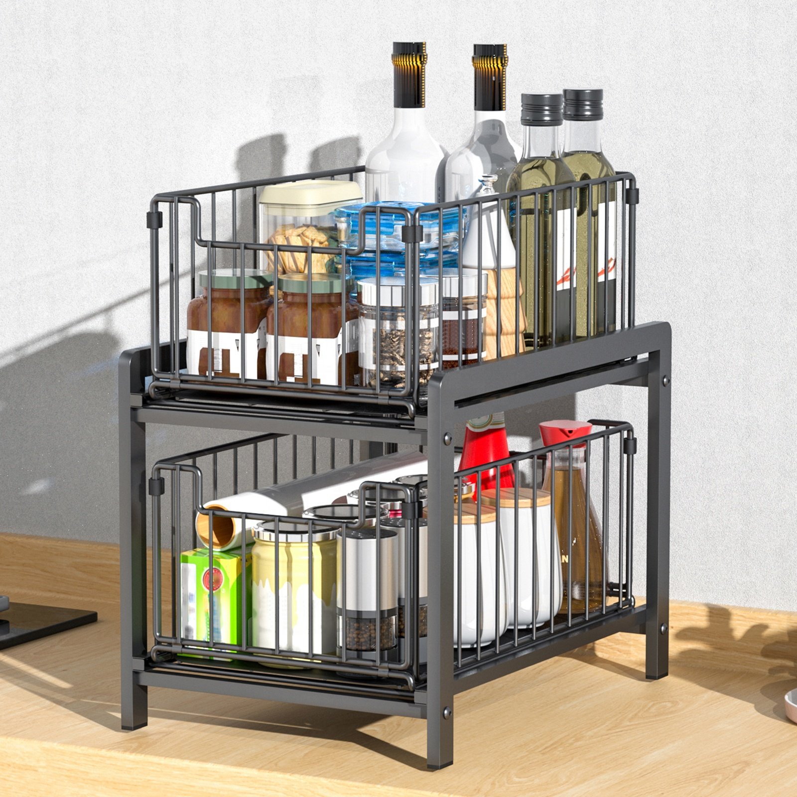 Multipurpose Kitchen Organizer Under Sink Metal Sliding Basket Drawer 2 Tier Under Cabinet Basket