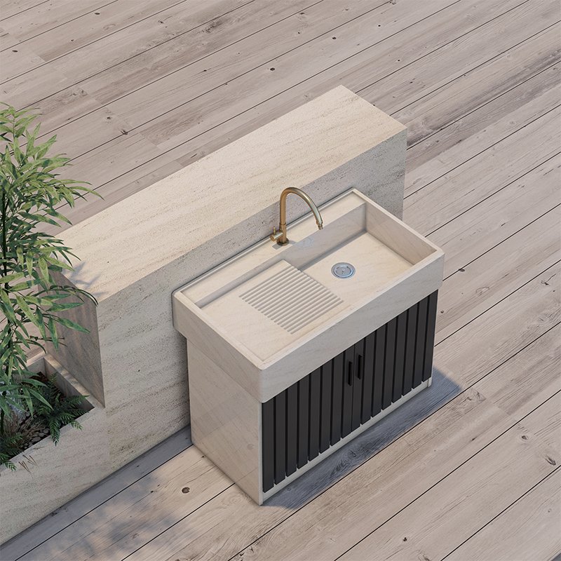 Stylish Garden Basin Natural Solid Marble Washbasin with Washboard Cabinet for Outdoor Laundry