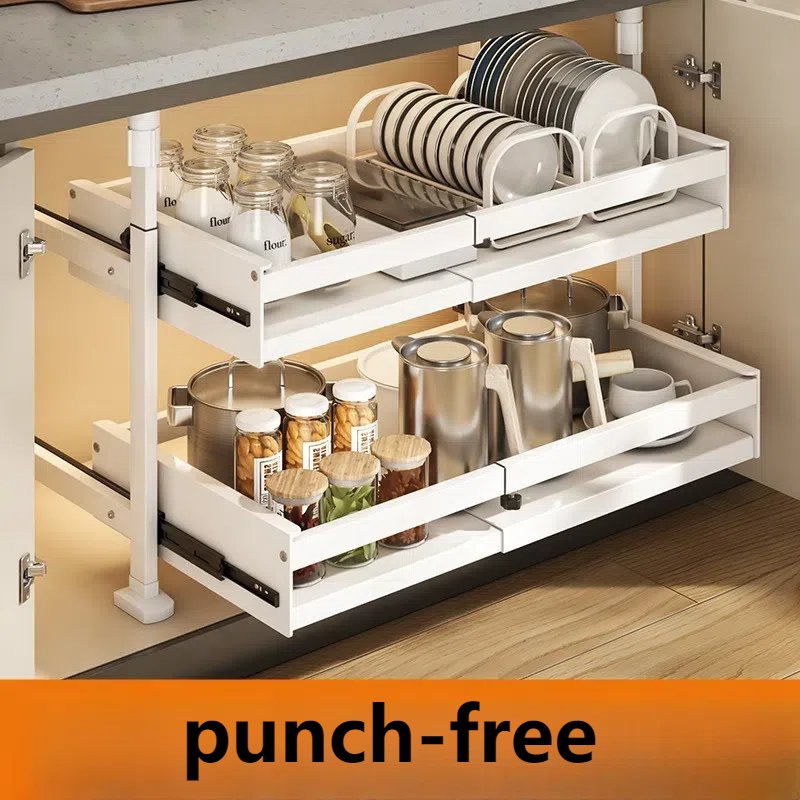 Self-Made Retractable Built-In Drawer Stratified Pull-Out Basket Perforation-Free Kitchen Cupboard Dish Storage Shelf Food