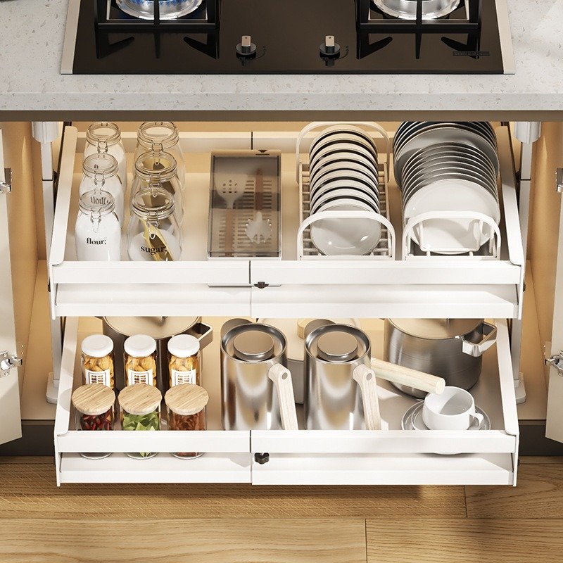 Self-Made Retractable Built-In Drawer Stratified Pull-Out Basket Perforation-Free Kitchen Cupboard Dish Storage Shelf Food