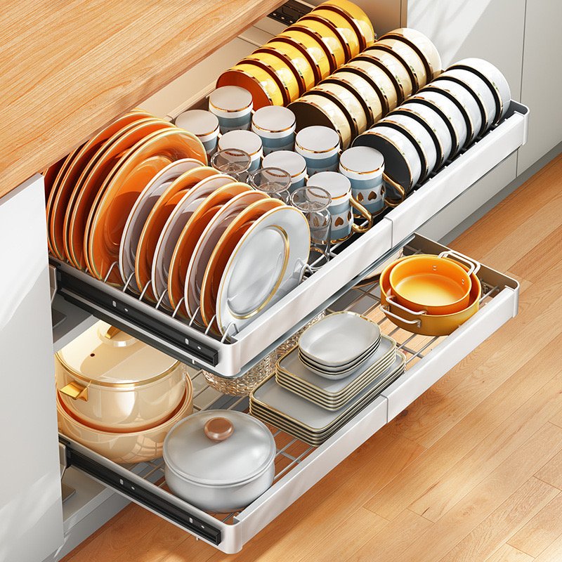 Drawer tray multi-functional double-layer drain bowl holder holder stainless steel kitchen dish holder expansion basket