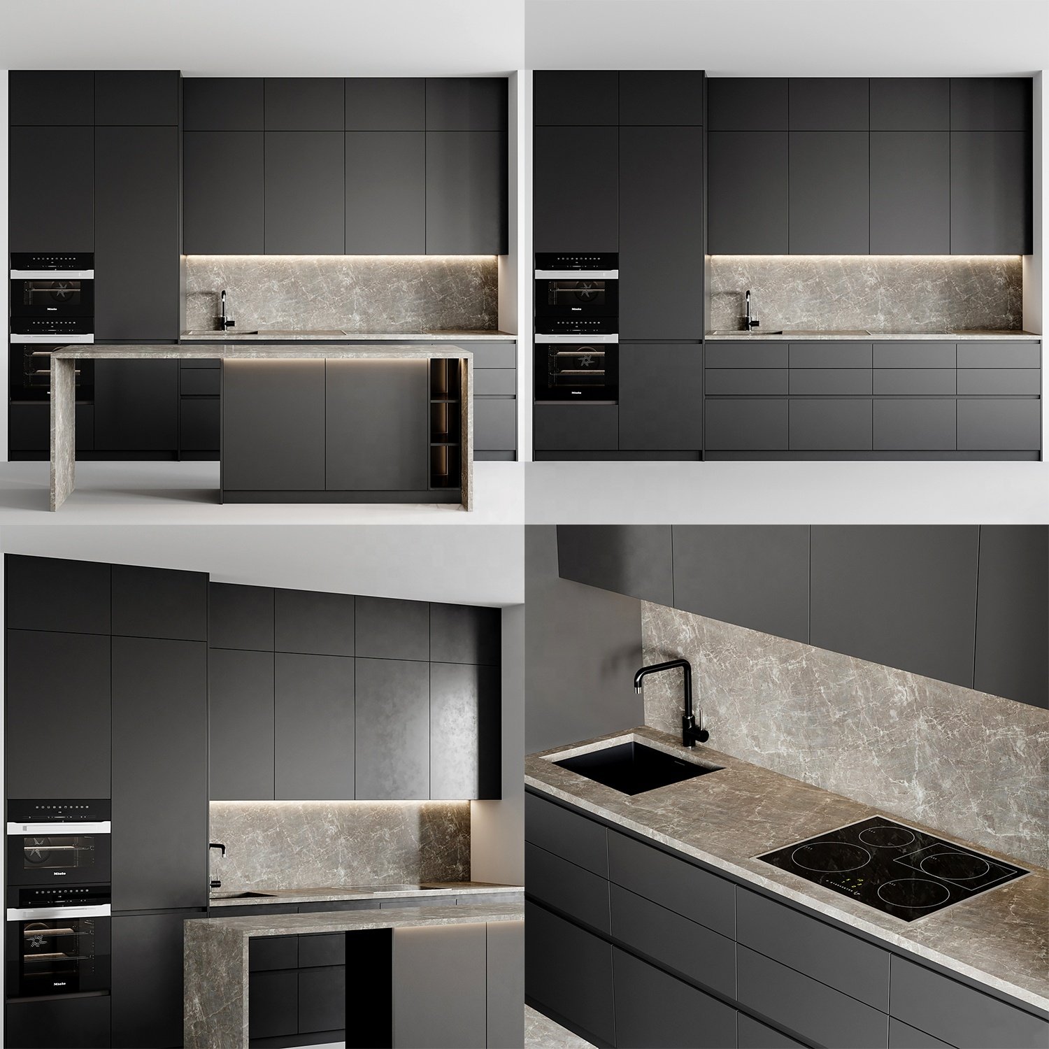 PA Modular Modern Kitchen Black Melamine Kitchen Cupboards