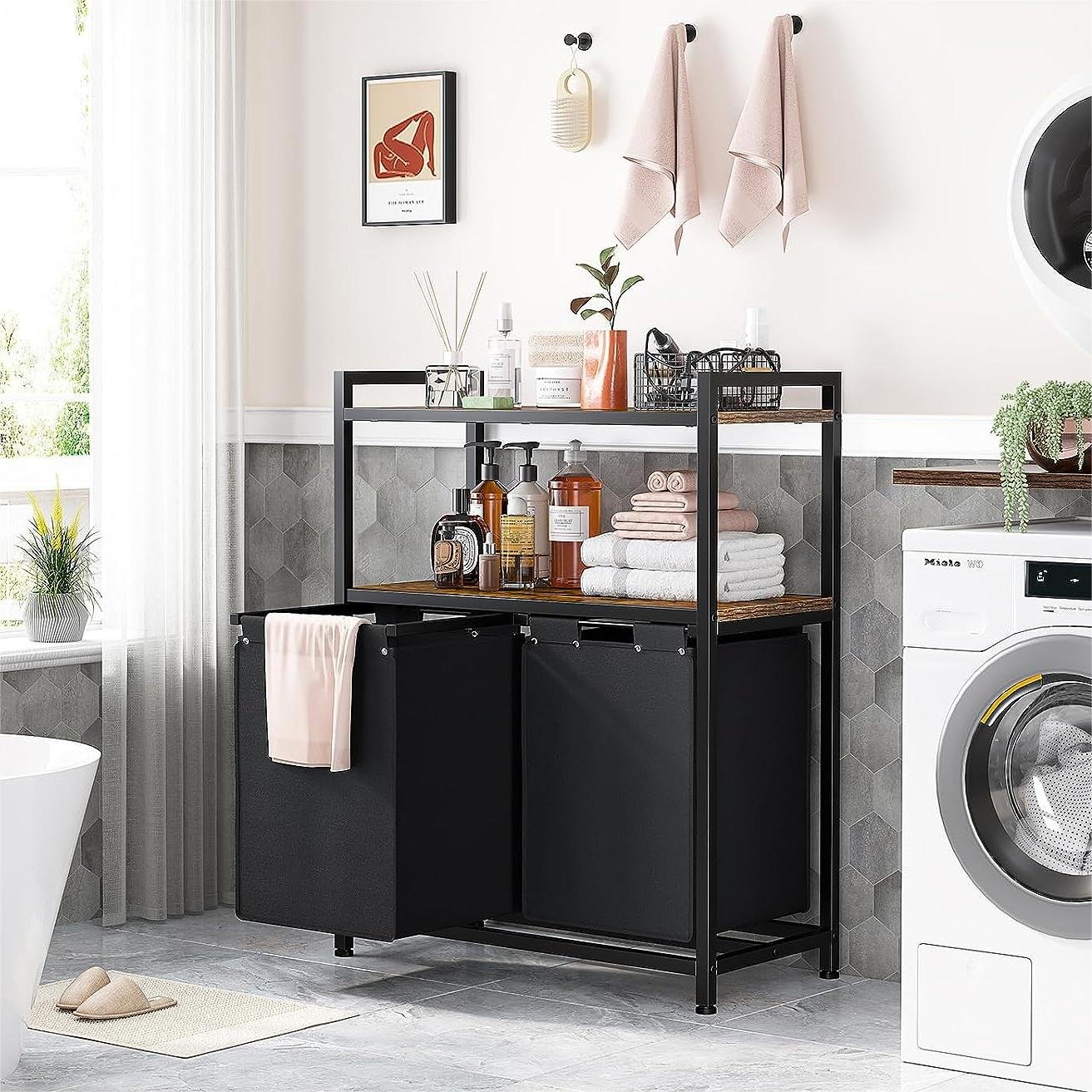 Double Drawer Laundry Hamper with Shelf Industrial Style Household Laundry Hamper Multifunctional Laundry Hamper