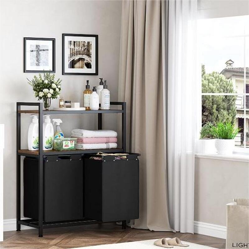 Double Drawer Laundry Hamper with Shelf Industrial Style Household Laundry Hamper Multifunctional Laundry Hamper