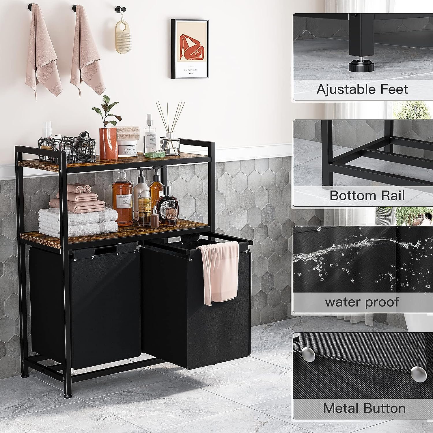 Double Drawer Laundry Hamper with Shelf Industrial Style Household Laundry Hamper Multifunctional Laundry Hamper
