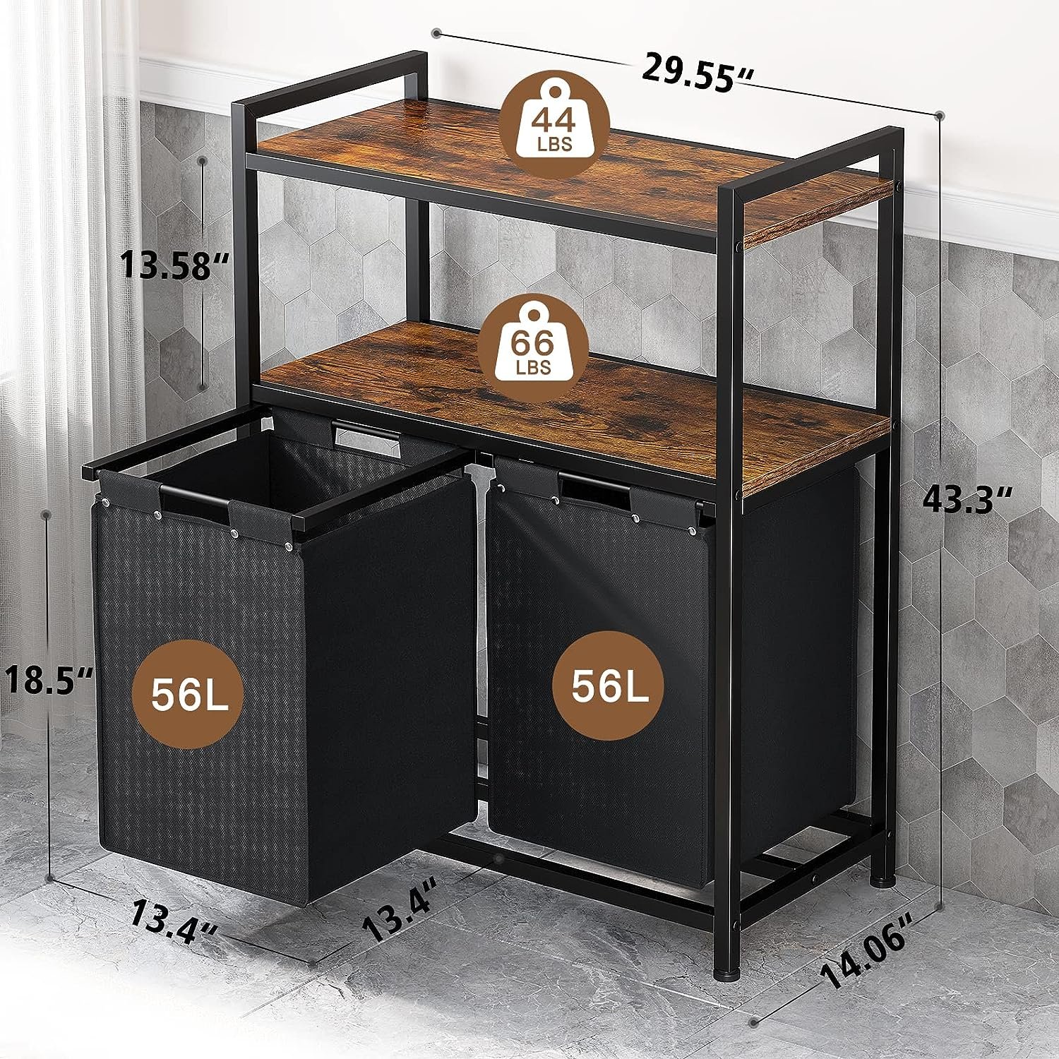 Double Drawer Laundry Hamper with Shelf Industrial Style Household Laundry Hamper Multifunctional Laundry Hamper