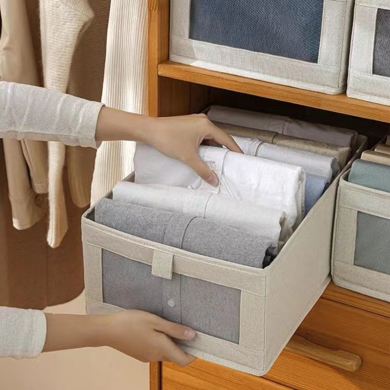 Cotton Linen Visible Window Storage Box Wholesale Wardrobe Storage Box Fabric Finishing Cotton Linen Storage Box