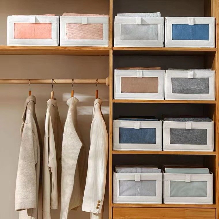 Cotton Linen Visible Window Storage Box Wholesale Wardrobe Storage Box Fabric Finishing Cotton Linen Storage Box