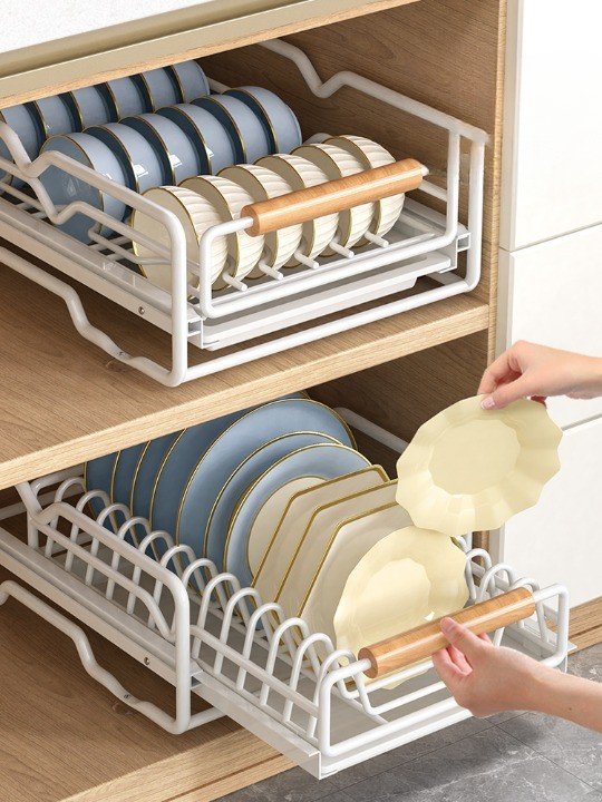 Kitchen Dish Storage Rack Pullout Cabinet Organizer with Built-In Pull-Out Drawer-Style Basket Bowl Plate Drain Rack