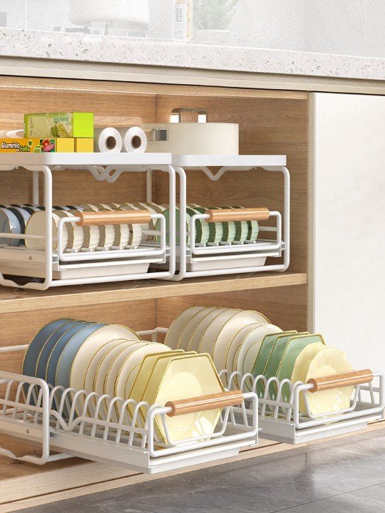 Kitchen Dish Storage Rack Pullout Cabinet Organizer with Built-In Pull-Out Drawer-Style Basket Bowl Plate Drain Rack