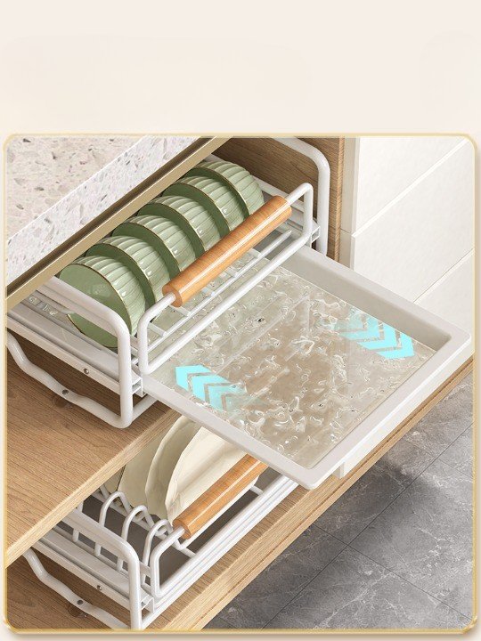 Kitchen Dish Storage Rack Pullout Cabinet Organizer with Built-In Pull-Out Drawer-Style Basket Bowl Plate Drain Rack