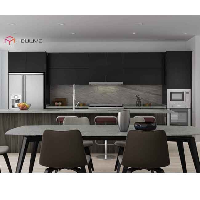 Black kitchen cabinets in lacquer material with wooden color modern design