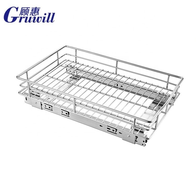 Kitchen Organizer Cabinet Pull Out Drawer Stainless Steel Storage Rack Systems Chrome Drawer Wire Basket