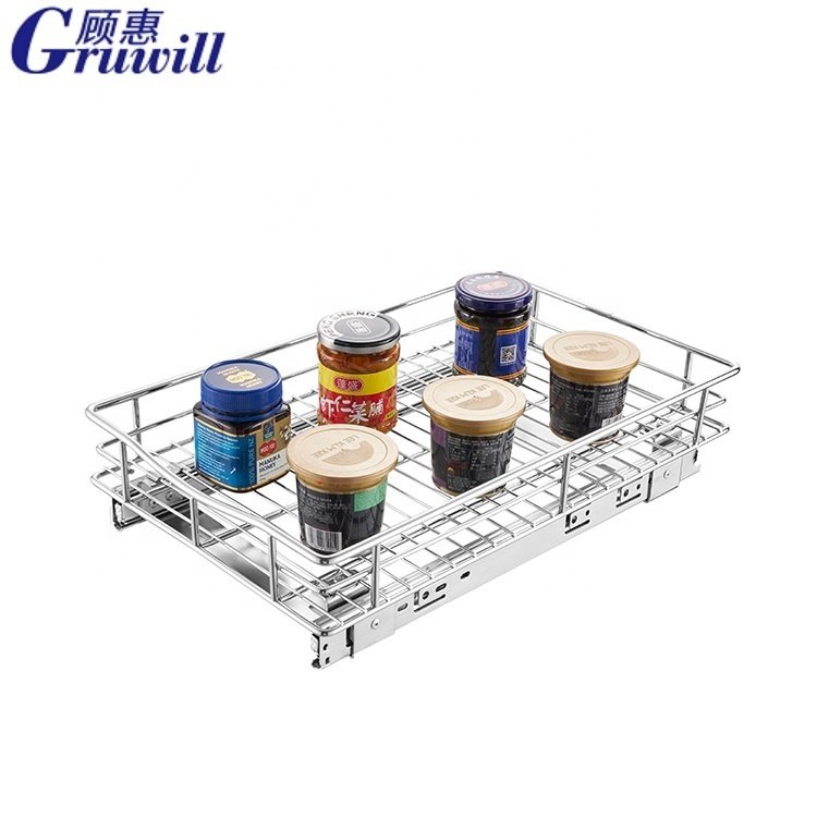 Kitchen Organizer Cabinet Pull Out Drawer Stainless Steel Storage Rack Systems Chrome Drawer Wire Basket